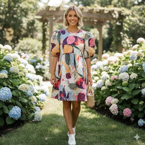 En Saison Floral Quilted Puff Sleeve Baby Doll Mini Dress Size Small NWT - Picture 1 of 10